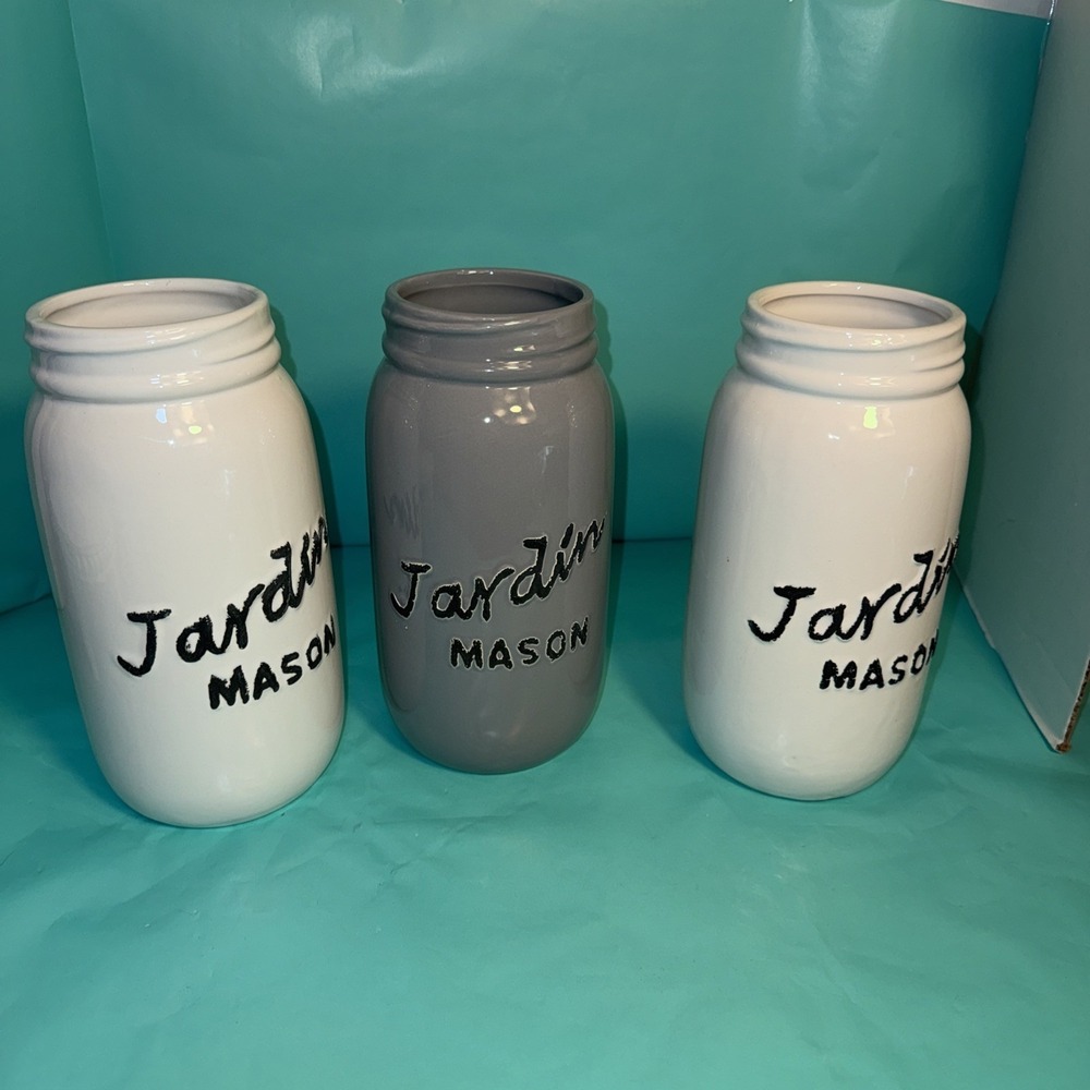 Dark Grey, (2)White Jardin‎ Mason like Jars table top Flower Vase 9in Tall
